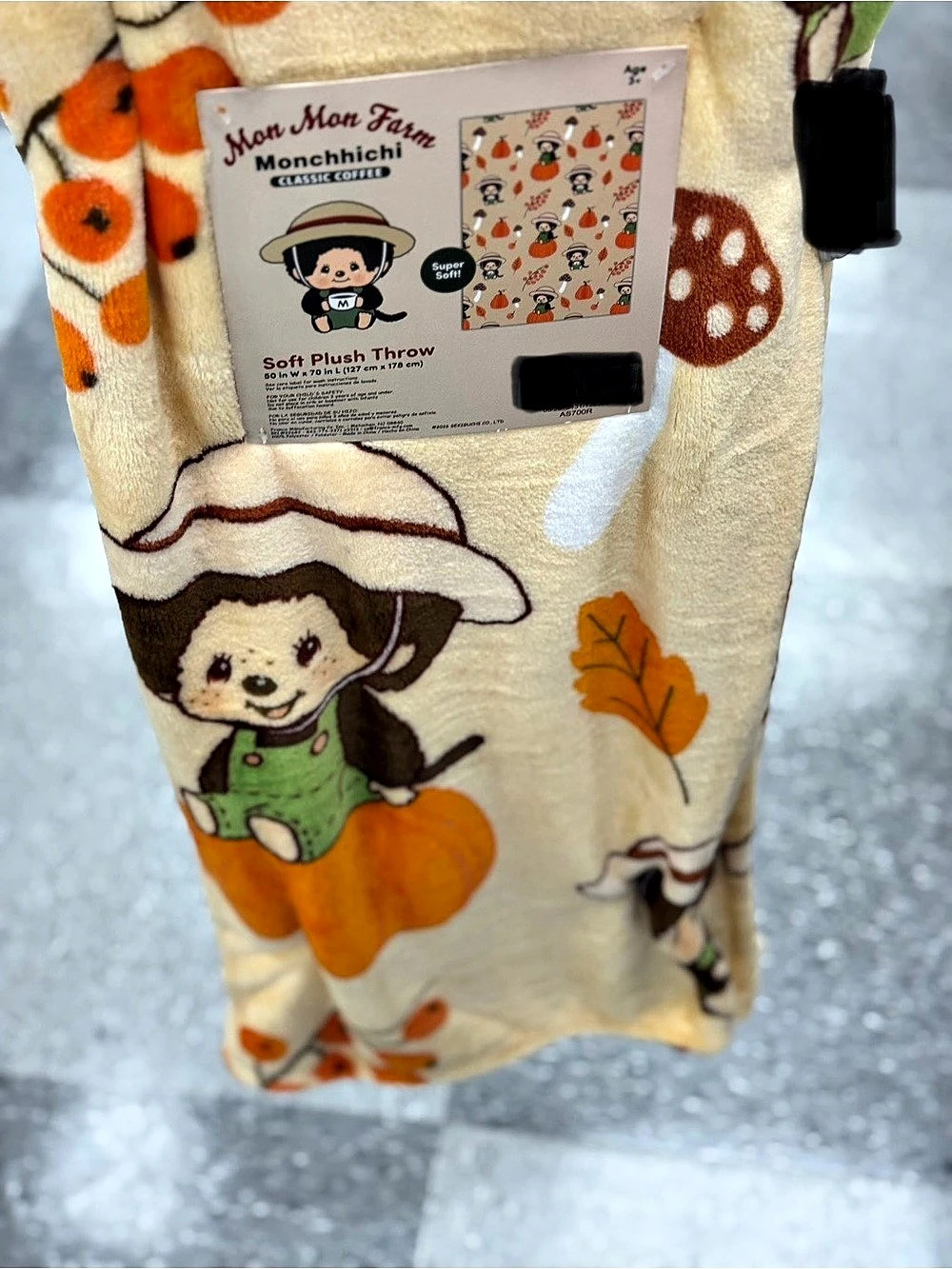 Monchhichi Mon Mon Farm Classic Coffee Plush Throw Cream & Orange NWT